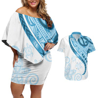 Blue Polynesian Tribal Turtle Floral Pattern Couples Matching Off Shoulder Short Dress and Hawaiian Shirt LT05 Blue - Polynesian Pride