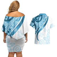 Blue Polynesian Tribal Turtle Floral Pattern Couples Matching Off Shoulder Short Dress and Hawaiian Shirt LT05 - Polynesian Pride