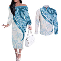 Blue Polynesian Tribal Turtle Floral Pattern Couples Matching Off The Shoulder Long Sleeve Dress and Long Sleeve Button Shirt LT05 Blue - Polynesian Pride