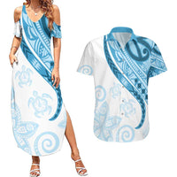 Blue Polynesian Tribal Turtle Floral Pattern Couples Matching Summer Maxi Dress and Hawaiian Shirt LT05 Blue - Polynesian Pride
