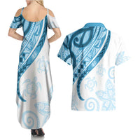 Blue Polynesian Tribal Turtle Floral Pattern Couples Matching Summer Maxi Dress and Hawaiian Shirt LT05 - Polynesian Pride