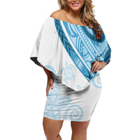 Blue Polynesian Tribal Turtle Floral Pattern Family Matching Off Shoulder Short Dress and Hawaiian Shirt