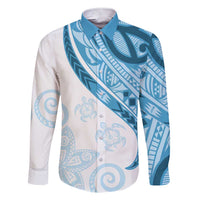 Blue Polynesian Tribal Turtle Floral Pattern Family Matching Short Sleeve Bodycon Dress and Hawaiian Shirt