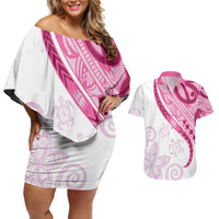 Rose Pink Polynesian Tribal Turtle Floral Pattern Couples Matching Off Shoulder Short Dress and Hawaiian Shirt LT05 Pink - Polynesian Pride