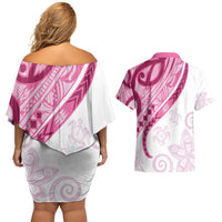 Rose Pink Polynesian Tribal Turtle Floral Pattern Couples Matching Off Shoulder Short Dress and Hawaiian Shirt LT05 - Polynesian Pride