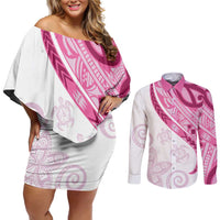 Rose Pink Polynesian Tribal Turtle Floral Pattern Couples Matching Off Shoulder Short Dress and Long Sleeve Button Shirt LT05 Pink - Polynesian Pride