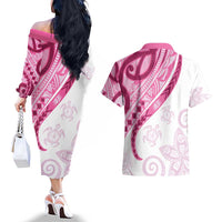 Rose Pink Polynesian Tribal Turtle Floral Pattern Couples Matching Off The Shoulder Long Sleeve Dress and Hawaiian Shirt LT05 - Polynesian Pride