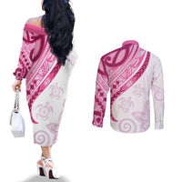 Rose Pink Polynesian Tribal Turtle Floral Pattern Couples Matching Off The Shoulder Long Sleeve Dress and Long Sleeve Button Shirt LT05 - Polynesian Pride