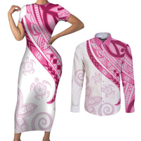 Rose Pink Polynesian Tribal Turtle Floral Pattern Couples Matching Short Sleeve Bodycon Dress and Long Sleeve Button Shirt LT05 Pink - Polynesian Pride