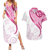 Rose Pink Polynesian Tribal Turtle Floral Pattern Couples Matching Summer Maxi Dress and Hawaiian Shirt LT05 Pink - Polynesian Pride