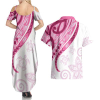 Rose Pink Polynesian Tribal Turtle Floral Pattern Couples Matching Summer Maxi Dress and Hawaiian Shirt LT05 - Polynesian Pride
