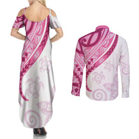 Rose Pink Polynesian Tribal Turtle Floral Pattern Couples Matching Summer Maxi Dress and Long Sleeve Button Shirt LT05 - Polynesian Pride