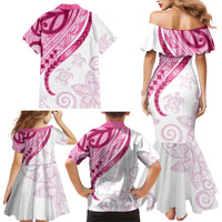 Rose Pink Polynesian Tribal Turtle Floral Pattern Family Matching Mermaid Dress and Hawaiian Shirt