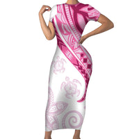 Rose Pink Polynesian Tribal Turtle Floral Pattern Family Matching Short Sleeve Bodycon Dress and Hawaiian Shirt