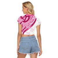 Rose Pink Polynesian Tribal Turtle Floral Pattern Raglan Cropped T Shirt LT05 - Polynesian Pride