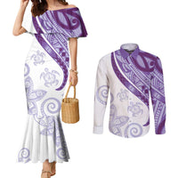 Purple Polynesian Tribal Turtle Floral Pattern Couples Matching Mermaid Dress and Long Sleeve Button Shirt LT05 Purple - Polynesian Pride