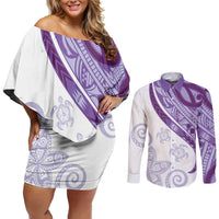 Purple Polynesian Tribal Turtle Floral Pattern Couples Matching Off Shoulder Short Dress and Long Sleeve Button Shirt LT05 Purple - Polynesian Pride