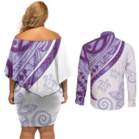 Purple Polynesian Tribal Turtle Floral Pattern Couples Matching Off Shoulder Short Dress and Long Sleeve Button Shirt LT05 - Polynesian Pride