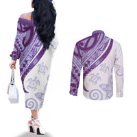 Purple Polynesian Tribal Turtle Floral Pattern Couples Matching Off The Shoulder Long Sleeve Dress and Long Sleeve Button Shirt LT05 - Polynesian Pride