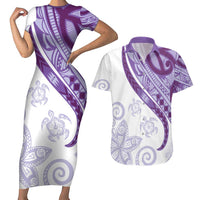 Purple Polynesian Tribal Turtle Floral Pattern Couples Matching Short Sleeve Bodycon Dress and Hawaiian Shirt LT05 Purple - Polynesian Pride