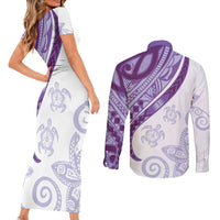 Purple Polynesian Tribal Turtle Floral Pattern Couples Matching Short Sleeve Bodycon Dress and Long Sleeve Button Shirt LT05 - Polynesian Pride