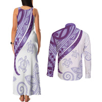 Purple Polynesian Tribal Turtle Floral Pattern Couples Matching Tank Maxi Dress and Long Sleeve Button Shirt LT05 - Polynesian Pride