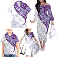 Purple Polynesian Tribal Turtle Floral Pattern Family Matching Off The Shoulder Long Sleeve Dress and Hawaiian Shirt