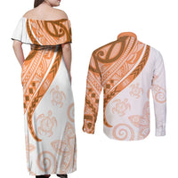 Orange Polynesian Tribal Turtle Floral Pattern Couples Matching Off Shoulder Maxi Dress and Long Sleeve Button Shirt LT05 - Polynesian Pride