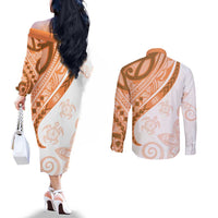 Orange Polynesian Tribal Turtle Floral Pattern Couples Matching Off The Shoulder Long Sleeve Dress and Long Sleeve Button Shirt LT05 - Polynesian Pride
