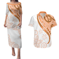 Orange Polynesian Tribal Turtle Floral Pattern Couples Matching Puletasi and Hawaiian Shirt LT05 Orange - Polynesian Pride
