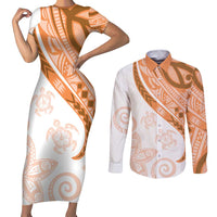 Orange Polynesian Tribal Turtle Floral Pattern Couples Matching Short Sleeve Bodycon Dress and Long Sleeve Button Shirt LT05 Orange - Polynesian Pride