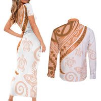 Orange Polynesian Tribal Turtle Floral Pattern Couples Matching Short Sleeve Bodycon Dress and Long Sleeve Button Shirt LT05 - Polynesian Pride