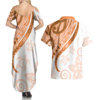 Orange Polynesian Tribal Turtle Floral Pattern Couples Matching Summer Maxi Dress and Hawaiian Shirt LT05 - Polynesian Pride
