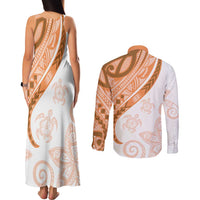 Orange Polynesian Tribal Turtle Floral Pattern Couples Matching Tank Maxi Dress and Long Sleeve Button Shirt LT05 - Polynesian Pride