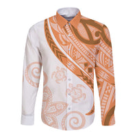 Orange Polynesian Tribal Turtle Floral Pattern Long Sleeve Button Shirt