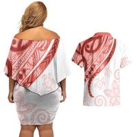 Coral Red Polynesian Tribal Turtle Floral Pattern Couples Matching Off Shoulder Short Dress and Hawaiian Shirt LT05 - Polynesian Pride