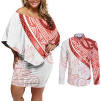 Coral Red Polynesian Tribal Turtle Floral Pattern Couples Matching Off Shoulder Short Dress and Long Sleeve Button Shirt LT05 Red - Polynesian Pride