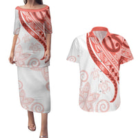 Coral Red Polynesian Tribal Turtle Floral Pattern Couples Matching Puletasi and Hawaiian Shirt LT05 Red - Polynesian Pride