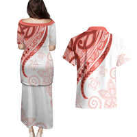 Coral Red Polynesian Tribal Turtle Floral Pattern Couples Matching Puletasi and Hawaiian Shirt LT05 - Polynesian Pride