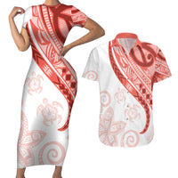 Coral Red Polynesian Tribal Turtle Floral Pattern Couples Matching Short Sleeve Bodycon Dress and Hawaiian Shirt LT05 Red - Polynesian Pride