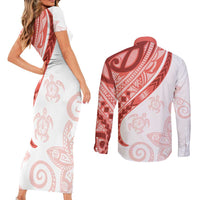 Coral Red Polynesian Tribal Turtle Floral Pattern Couples Matching Short Sleeve Bodycon Dress and Long Sleeve Button Shirt LT05 - Polynesian Pride