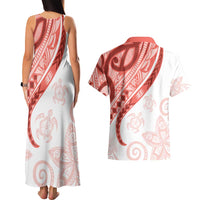 Coral Red Polynesian Tribal Turtle Floral Pattern Couples Matching Tank Maxi Dress and Hawaiian Shirt LT05 - Polynesian Pride
