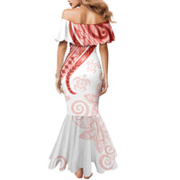 Coral Red Polynesian Tribal Turtle Floral Pattern Family Matching Mermaid Dress and Hawaiian Shirt