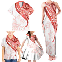 Coral Red Polynesian Tribal Turtle Floral Pattern Family Matching Tank Maxi Dress and Hawaiian Shirt