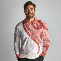 Coral Red Polynesian Tribal Turtle Floral Pattern Long Sleeve Polo Shirt