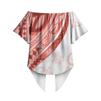 Coral Red Polynesian Tribal Turtle Floral Pattern Off Shoulder Wrap Waist Top LT05 - Polynesian Pride