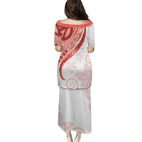Coral Red Polynesian Tribal Turtle Floral Pattern Puletasi LT05 - Polynesian Pride
