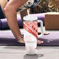 Coral Red Polynesian Tribal Turtle Floral Pattern Tumbler With Handle LT05 - Polynesian Pride