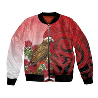 New Zealand Parrot Kaka Bomber Jacket Maori Koru With Pohutukawa Flowers LT05 Unisex Red - Polynesian Pride