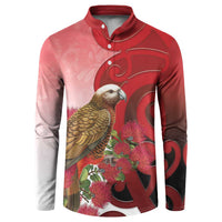 New Zealand Parrot Kaka Button Sweatshirt Maori Koru With Pohutukawa Flowers LT05 Red - Polynesian Pride